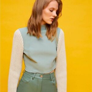 Nocturne Green and Beige Knit Sleeve Cropped Sweater $168 MSRP